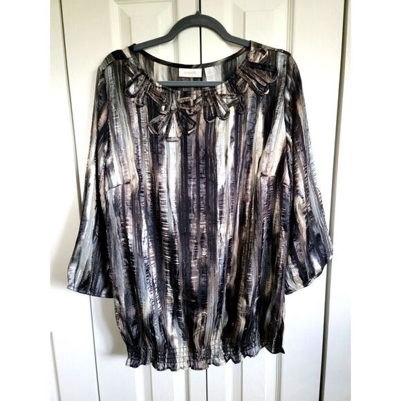 Chico's 2 Gray Brown Tan Blouson Style Top Elastic Hem/Sleeve Cuff Size 2 - Picture 1 of 6